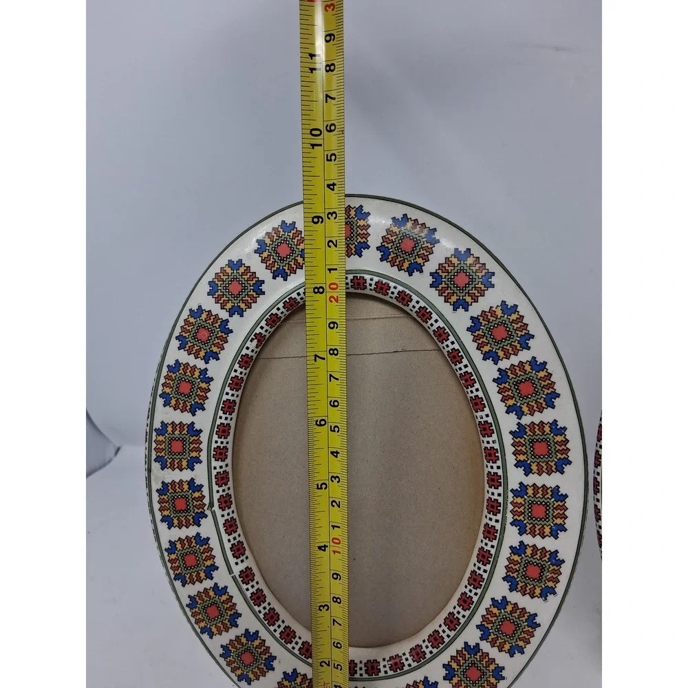 Vintage Folk Art Style Oval Picture Frames Set of 2 Geometric Mosaic Pattern